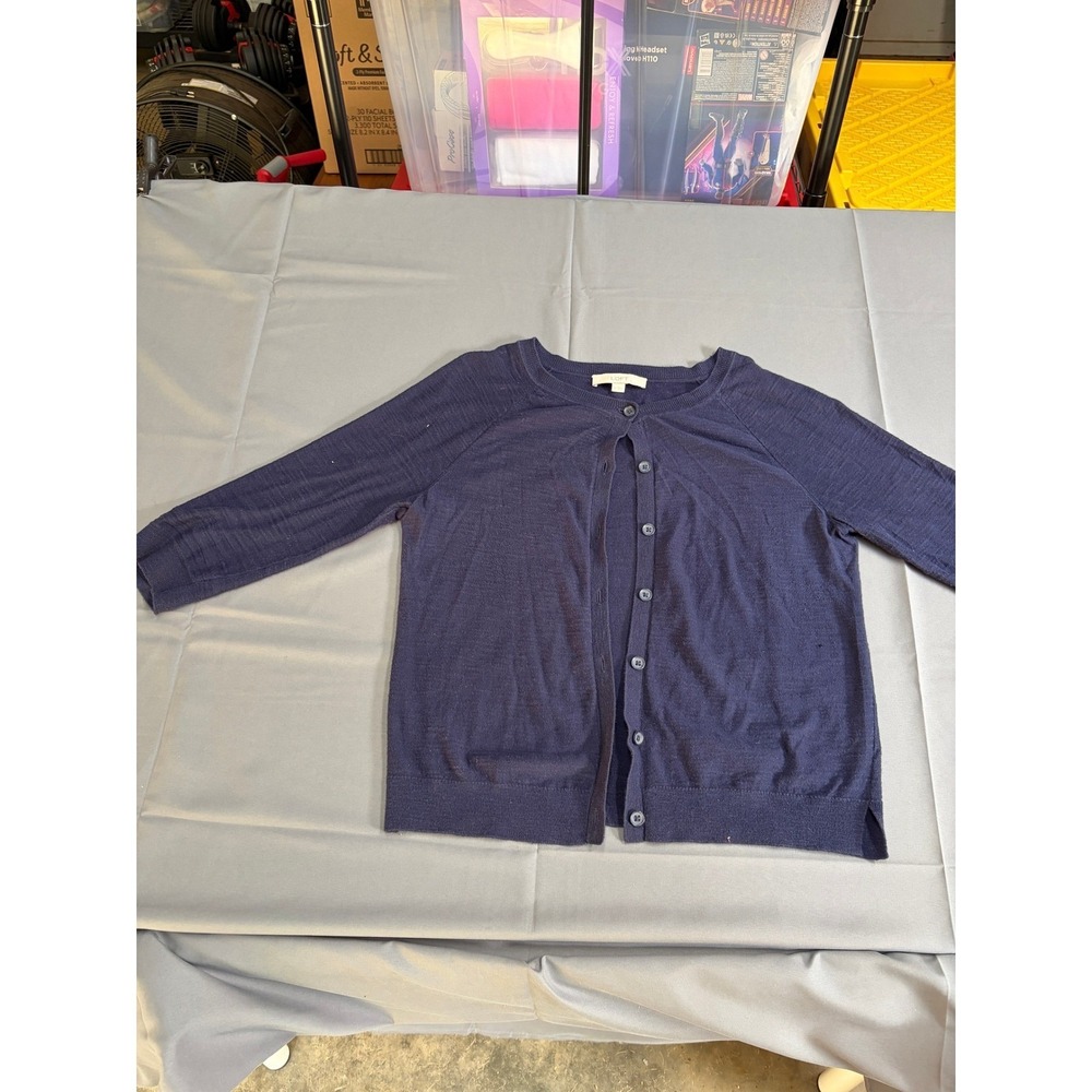 Loft Womens Navy Blue 100% Cotton Button Front Cardigan Sweater 3/4 Sleeve, M - Picture 2 of 14